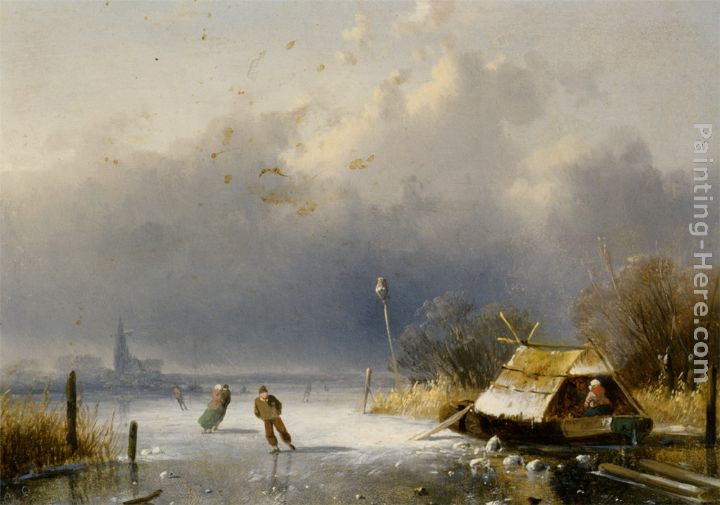 Landscape with figures on the ice painting - Charles Henri Joseph Leickert Landscape with figures on the ice art painting